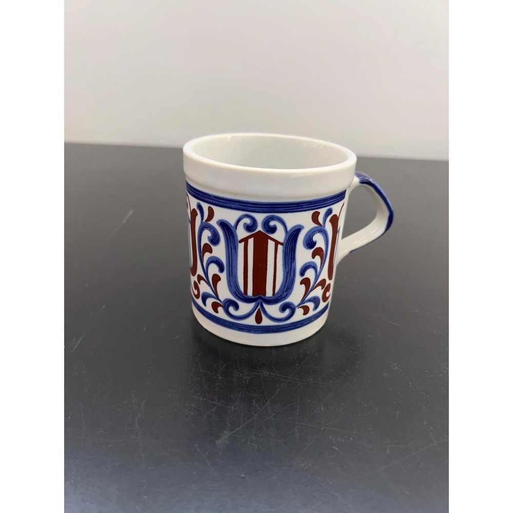 Vintage Ceramic Coffee Mug Blue Brown Scrollwork 3.5in